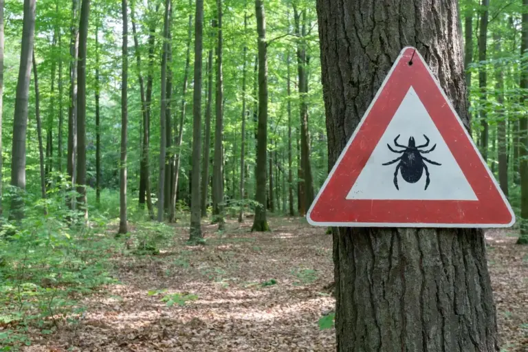 Warnschild vor Zecken im Wald, Hinweis auf FSME- und Borreliose-Risiko, Bedeutung der FSME-Impfung in München, sichere Zeckenentfernung und Prävention von Frühsommer-Meningoenzephalitis, Zecken, FSME, Zeckenimpfung, Zeckenzange, Zeckensaison, Zeckenbiss, Symptome Rötung bei Zeckenbiss, Wann zum Arzt bei Zeckenbiss, Zeckenimpfung München, FSME-Impfung Bayern, Zecken entfernen richtig, Zeckenschutz Tipps